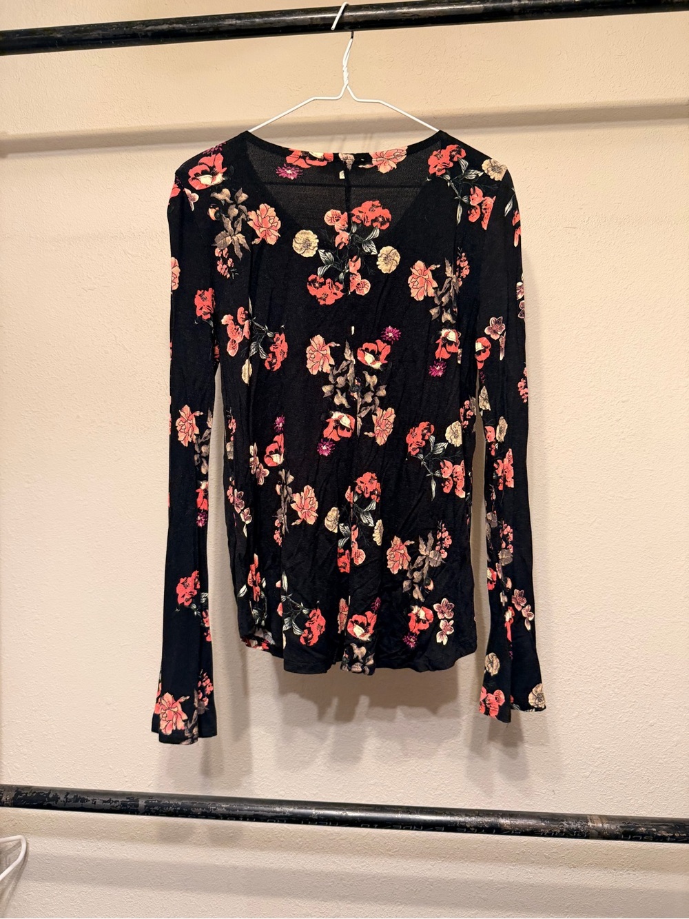 Cloud Chaser Black Long-Sleeve Floral Top with Pink & Cream Blooms